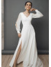 Long Sleeves Ivory Chiffon Slit Beach Wedding Dress